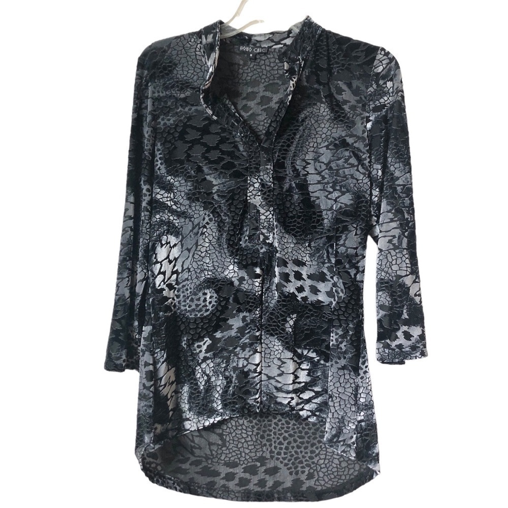 BOHO CHIC Animal Print Sheer Black Silver Burnt Velvet 3/4 Sleeves V-Neck Smock
